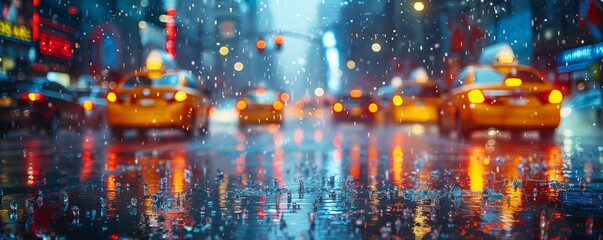 Rain-soaked street with colorful city lights reflection