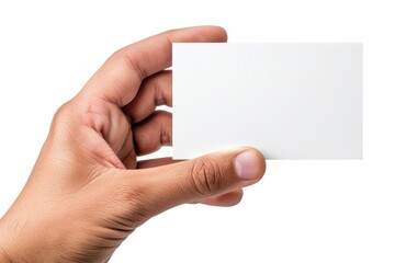 Obraz premium Hand displaying a blank business card against a plain white background, close-up view. 
