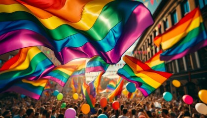 A large crowd of people are holding rainbow flags and balloons. Scene is celebratory and joyful