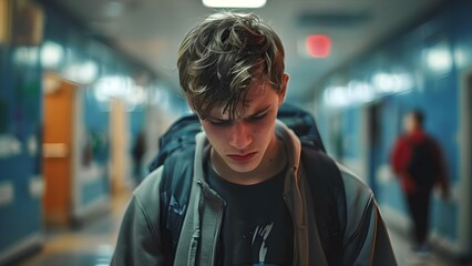 Distressed student facing bullying in a dim school hallway. Concept Bullying, Student, School Hallway, Distressed, Dim Lighting