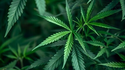 Closeup of medicinal cannabis leaves in a plantation. Concept Cannabis, Medicinal plants, Plantation, Closeup photography, Alternative medicine