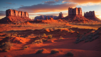 Large red rock formations jutting out of the desert