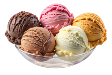 Isolated Scoop of Ice Cream: A scoop of creamy ice cream isolated on a transparent background, featuring various flavors such as vanilla, chocolate, or strawberry, perfect for dessert menus and summer