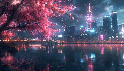 The nighttime Japanese cityscape is a blend of modern and traditional elements, featuring neon lights, skyscraper buildings, and a pink cherry sakura tree.
