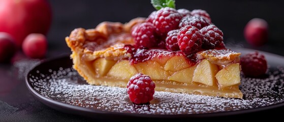 Closeup image of apple pie a la mode with berry topping served on a dark plate against a black backdrop with space for copy and cinematic lighting.