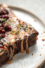 Gourmet Chocolate Bread Pudding with Berry Compote and Caramel Drizzle