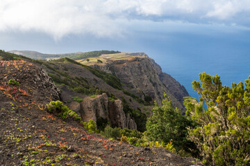 Mountain cost of the La Dehesa plateau above Pozo de La Salud with Mirador de Bascos, El Hierro,...