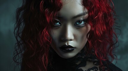 Adult Chinese Woman with Red Curly Hair Goth style Illustration.