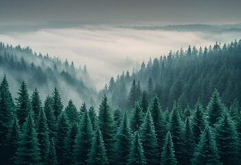 The dramatic wall fir-tree forest against the gray sky in the fog for creative background. 2D illustration