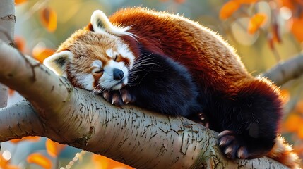 A red panda rests oon a tree this endangered specie is also known as lesser panda or red cat bear