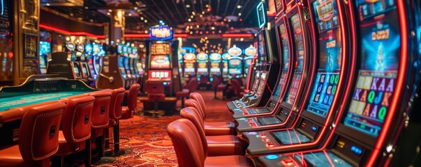Naklejka premium Empty casino space with machines and seating