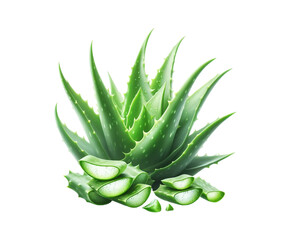 Obraz premium Fresh Aloe Vera slice with gel dripping isolated transparent background. top view flat lay herb skin care.