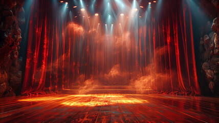 red curtains of the theater stage, the glow of spotlights casts a mesmerizing aura, setting the scene for an unforgettable performance