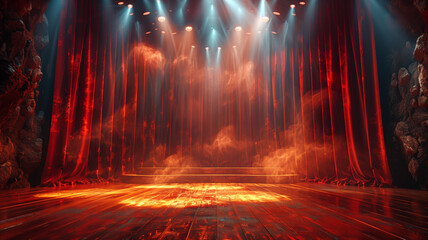 Fototapeta premium red curtains of the theater stage, the glow of spotlights casts a mesmerizing aura, setting the scene for an unforgettable performance
