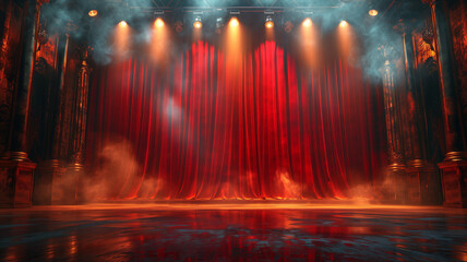red curtains of the theater stage, the glow of spotlights casts a mesmerizing aura, setting the scene for an unforgettable performance