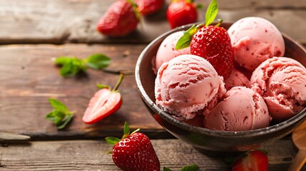 Balls of homemade strawberry ice cream in a bowl on a wooden table
