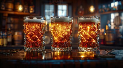 Three Craft Beers in Detailed Glasses on Pub Table