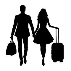 Silhouette of a couple lovers and walking with travel suitcase on vacation. Vector illustration