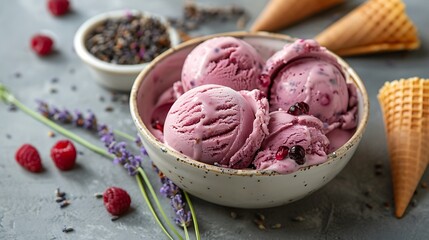 Berry ice cream scoops in a bowl with lavender flowers and waffles cones on a gray background