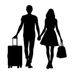 Silhouette of a couple holding hands and walking with travel suitcase. Vector illustration