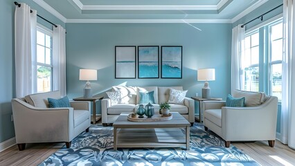 Comfortable living room with soothing blue walls and coordinated furniture. Concept Cozy Home Decor, Blue Wall Inspiration, Furniture Arrangement, Serene Living Spaces