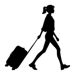 Silhouette of a girl walking with travel suitcase. Vector illustration