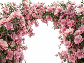Elegant floral arch arrangement on white background, Ornate arch of mixed flowers and foliage, perfect for wedding invites or spring designs