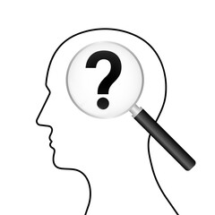 Question Mark in Human Head with  Magnifying Glass. Question and Answer, Brainstorm or Business Solution Concept. Vector Illustration. 