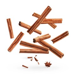 Cinnamon sticks flying in the air. Dynamic and aromatic spice concept.
