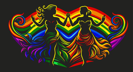Vibrant illustration featuring two women holding hands with a backdrop of flowing rainbow colors, symbolizing lesbian pride and the beauty of lgbt relationships in a stylized artistic representation