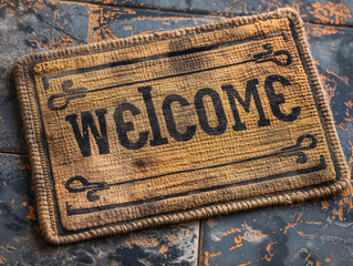 Welcome doormat with a vintage retro grunge texture and a black background