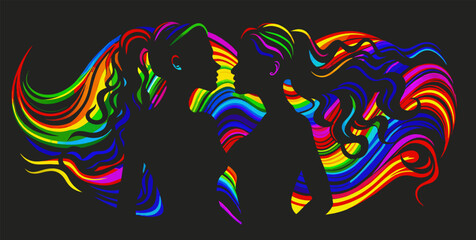 Artistic representation of a lesbian couple in silhouette, their profiles outlined against a vibrant background of flowing rainbow colors, symbolizing lgbt pride and love diversity