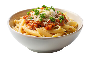 Isolated Pasta Bowl: A bowl of cooked pasta isolated on a transparent background, with a savory sauce and grated cheese, ideal for Italian restaurant menus and pasta dish illustrations.
