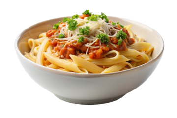 Isolated Pasta Bowl: A bowl of cooked pasta isolated on a transparent background, with a savory sauce and grated cheese, ideal for Italian restaurant menus and pasta dish illustrations.
