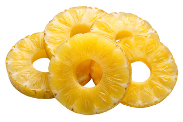 Isolated Cropped Pineapple Rings: Slices of pineapple isolated on a transparent background, featuring their circular shape and vibrant yellow color, suitable for tropical-themed designs and cocktail