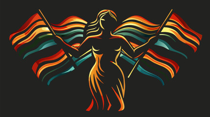 Silhouette of two women. Intimately posed. Holding a stylized rainbow pride flag. Representing lgbt solidarity. Diversity. Love. And pride in a striking. Artistic