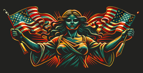 Obraz premium Artistic representation of women radiating strength and patriotism as they hold american flags with pride, set against a vibrant, stylized background