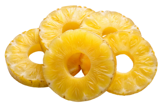 Isolated Cropped Pineapple Rings: Slices of pineapple isolated on a transparent background, featuring their circular shape and vibrant yellow color, suitable for tropical-themed designs and cocktail