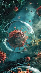 A conceptual art of a vaccine forming a protective bubble around a group of cells, keeping a lurking virus at bay - obrazy, fototapety, plakaty