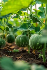 Melon-growing. Watermelons growing in rich soil with vibrant green leaves overhead, in a sunlit farm