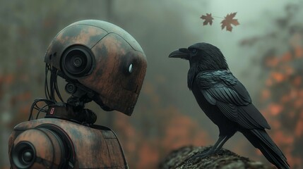 rusty old metallic retro futuristic robot and raven in the autumn forest. 