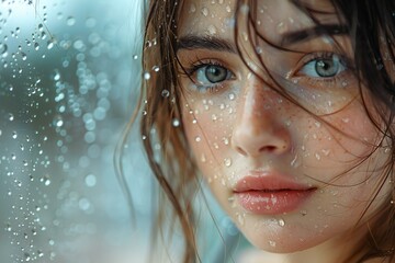 Portrait of a beautiful young brunette woman in the rain