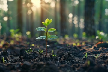 Young sapling emerging from soil at sunrise symbolizing new beginnings and growth