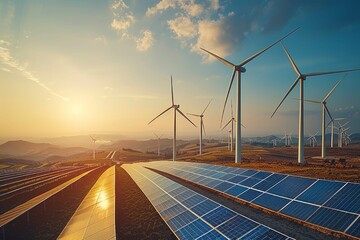 Renewable energy landscape with wind turbines and solar panels at sunrise