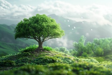 Solitary tree on a hill against a misty mountain backdrop with birds in flight
