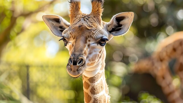 Closeup of cute reticulated giraffe baby with paren