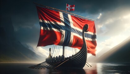 Realistic illustration for norway constitution day with a viking ship adorned with the colors of the norwegian flag. - Powered by Adobe