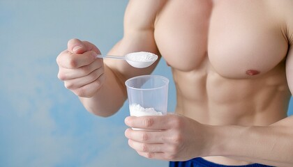 A bodybuilder showing the creatine powder sports food supplement.
