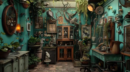 AI-generated photo of a cluttered room with a green wall, containing various objects such as taxidermy, plants, and books.