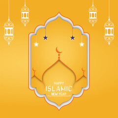 islamic new year post design with star and mosque vector file